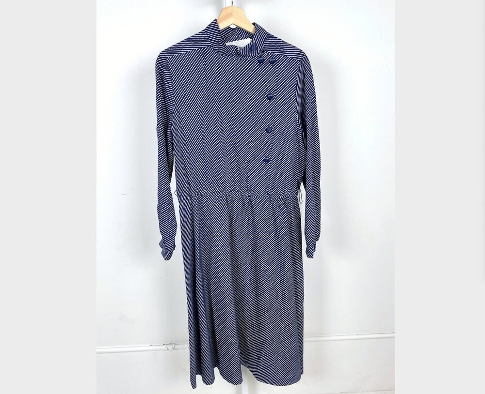 VTG Pierre Balmain Paris Striped Dress 18 Long Sleeve Asymmetric Button Blue